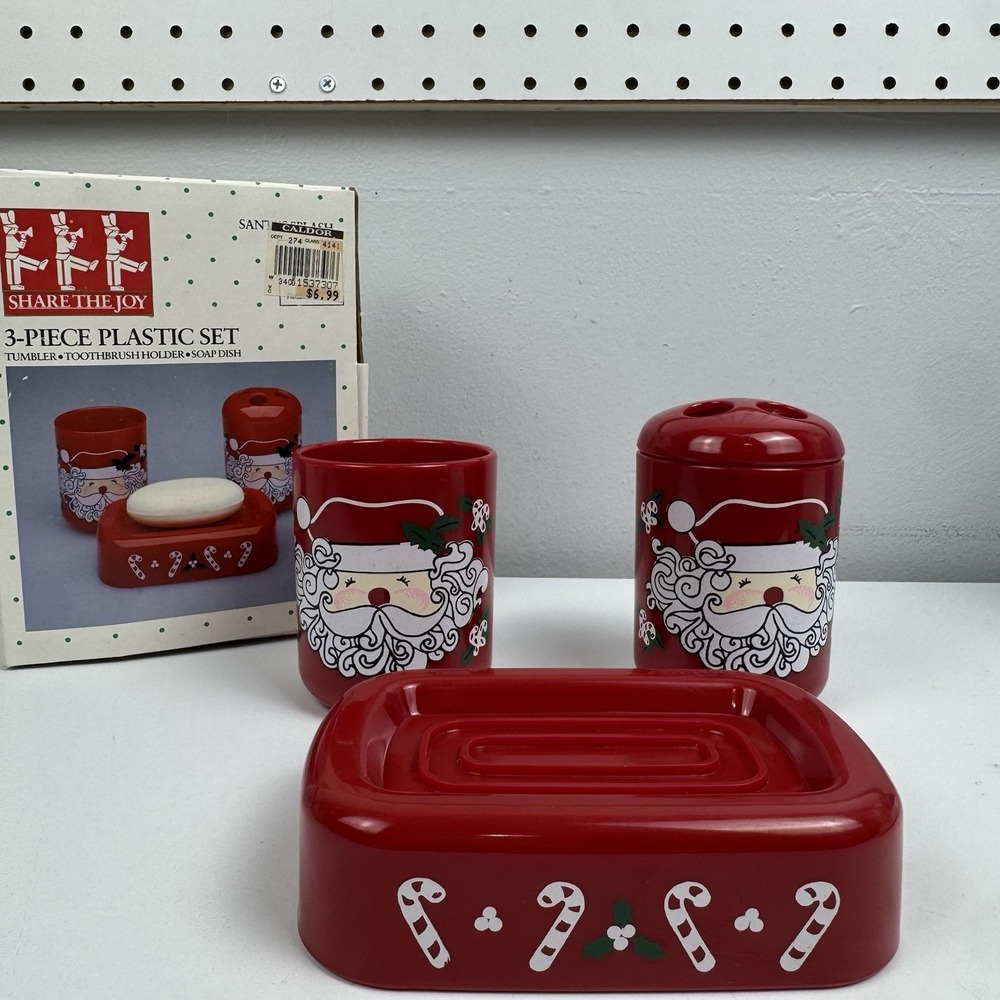 Vtg 90s Saturday Knight Ltd Santa Bathroom Set 3pc Soap‎ Dish Tumbler Holder USA